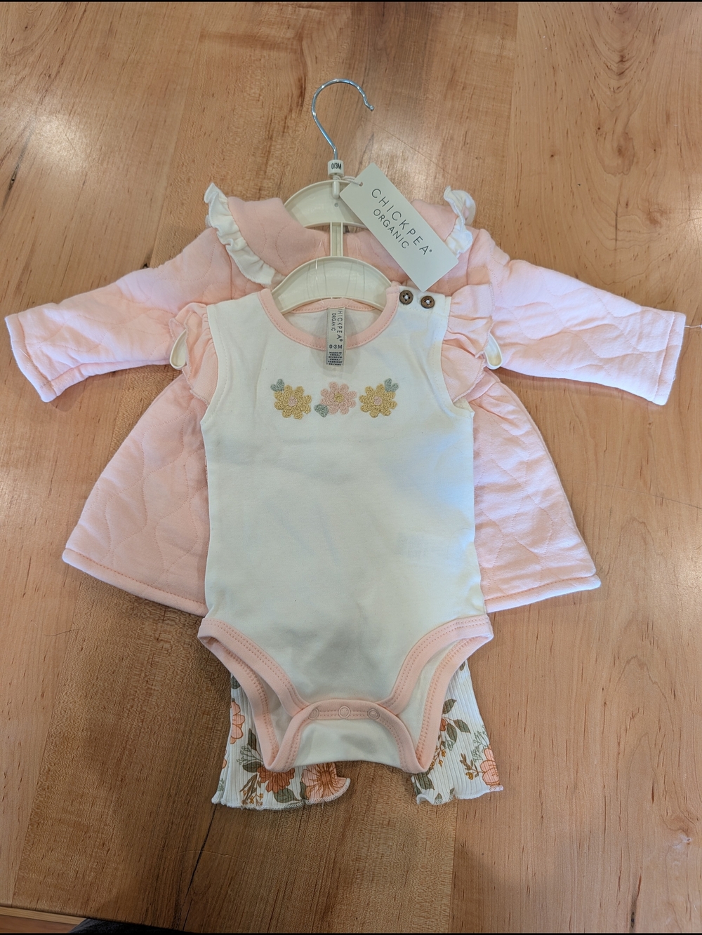 chick pea Organic Cream Romper with Soft Pink Trim & Floral Embroidery